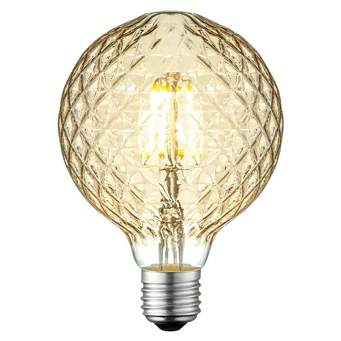 Home Sweet Home LED-Lampe Vintage Globe-Form E27 - E27, Dimmbar, Warmweiß, 380 lm, 4 W - Nahaufnahme einer dekorativen Edison-Glühbirne mit filigranem Glasdesign und warmem Licht.