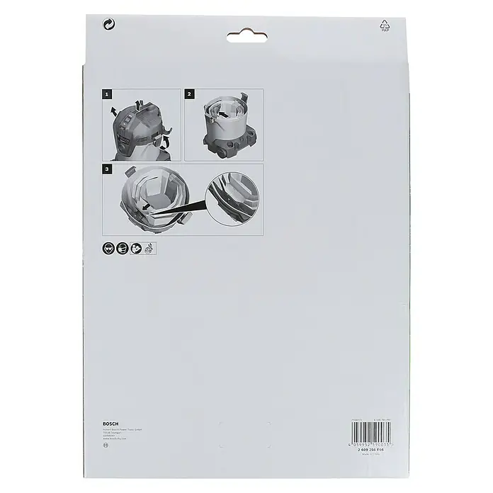 Bosch Vliesfiltertüten - 4 Stk., Passend für: Bosch Nass-Trockensauger UniversalVac 15/AdvancedVac 20 - Bild einer Produktverpackung mit Anweisungen zum Zusammenbau eines Bosch-Geräts, hervorgehoben durch nummerierte Illustrationen.