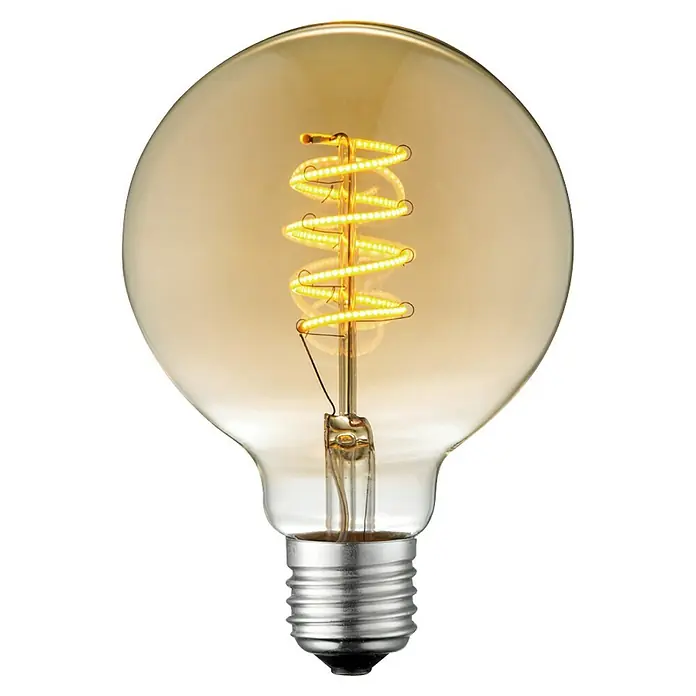 Home Sweet Home LED-Lampe Vintage Globe-Form E27 - E27, Dimmbar, Warmweiß, 280 lm, 4 W, Farbe: Gold - Nahaufnahme einer Edison-Glühbirne mit goldfarbenem Glas und spiralförmigem Glühfaden, die warmes Licht ausstrahlt.\n