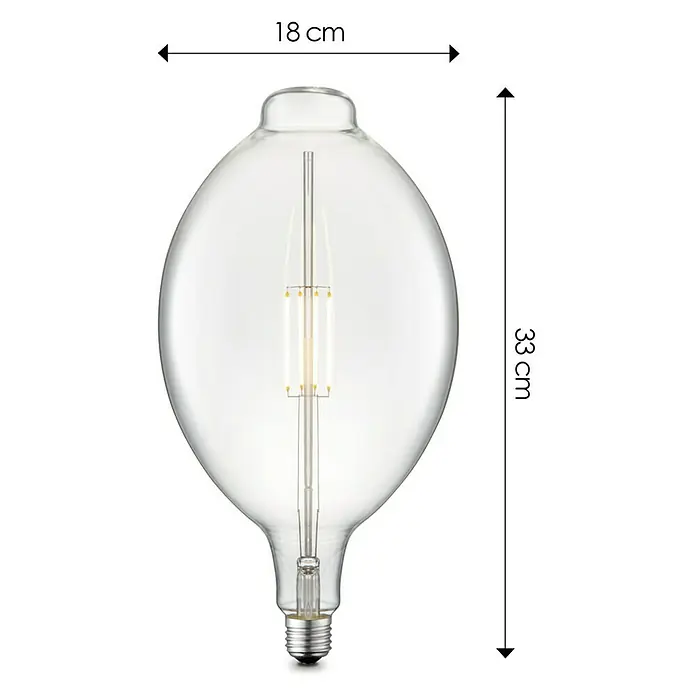 Home Sweet Home LED-Lampe Vintage Globe-Form E27 - E27, Dimmbar, Neutralweiß, 400 lm, 4 W - Bild einer großen, klaren Glühbirne mit den Maßen 18 cm Breite und 33 cm Höhe.