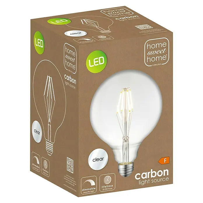 Home Sweet Home LED-Lampe Vintage Globe-Form E27 - E27, Dimmbar, Neutralweiß, 400 lm, 4 W, Globe - Produktbild einer "Home Sweet Home" LED-Glühbirne mit klarem Glas und Carbonfaden-Design in einer ansprechenden Verpackung.