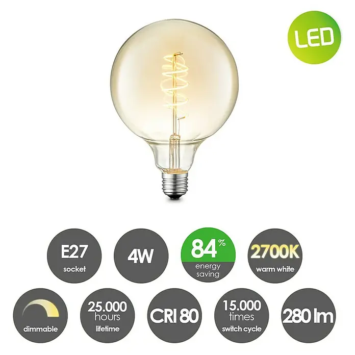 Home Sweet Home LED-Lampe Vintage Globe-Form E27 - E27, Dimmbar, Warmweiß, 140 lm, 4 W, Globe - LED-Lampe mit E27-Sockel, 4W Leistung, 2700K warmweißes Licht, 280 lm Helligkeit und 25.000 Stunden Lebensdauer.