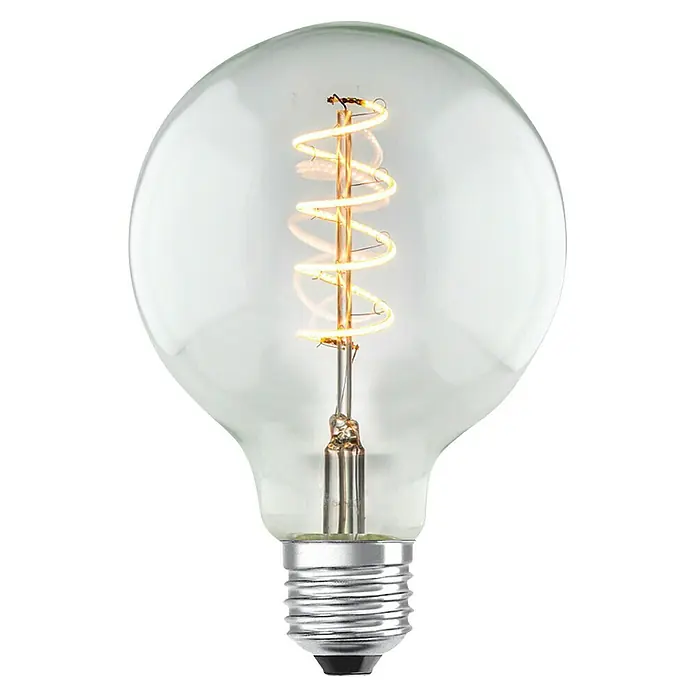 Home Sweet Home LED-Lampe Vintage Globe-Form E27 - E27, Dimmbar, Neutralweiß, 280 lm, 4 W, Farbe: Klar - Nahaufnahme einer dekorativen Edison-Glühbirne mit Wendelfaden, die warmes Licht ausstrahlt und ein nostalgisches Ambiente erzeugt.