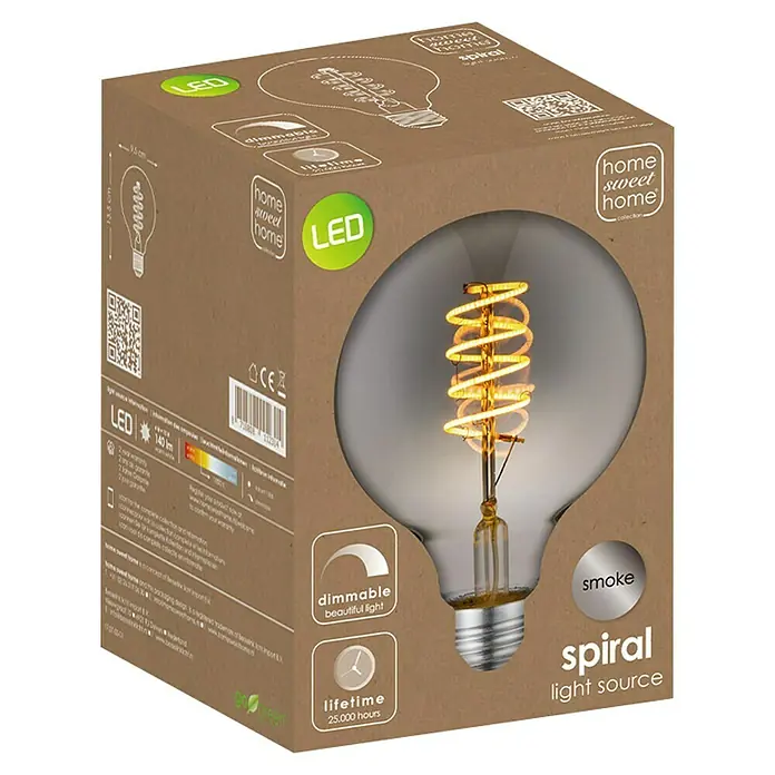 Home Sweet Home LED-Lampe Vintage Globe-Form E27 - E27, Dimmbar, Warmweiß, 140 lm, 4 W, Farbe: Smoky - Nahaufnahme der Verpackung einer spiralförmigen LED-Glühbirne mit dem Aufdruck „Home Sweet Home“.