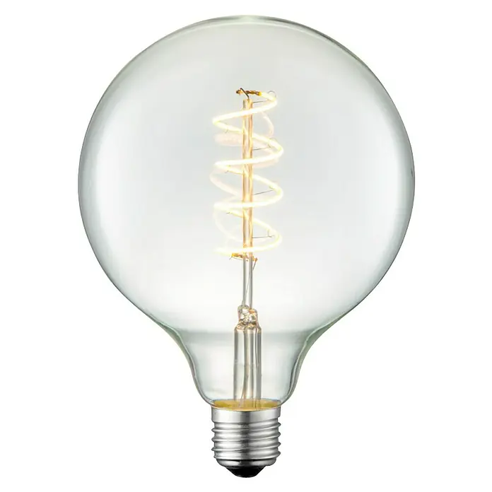 Home Sweet Home LED-Lampe Vintage Globe-Form E27 - E27, Dimmbar, Neutralweiß, 160 lm, 4 W - Nahaufnahme einer dekorativen LED-Glühbirne mit spiralförmigem Filament auf schwarzem Hintergrund.