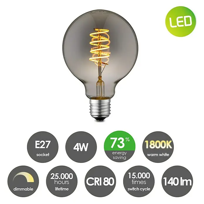 Home Sweet Home LED-Lampe Vintage Globe-Form E27 - E27, Dimmbar, Warmweiß, 140 lm, 4 W, Farbe: Smoky - Abbildung einer LED-Glühbirne mit E27-Sockel, 4W, 1800K warmweiß, dimmbar und einer Lebensdauer von 25.000 Stunden.