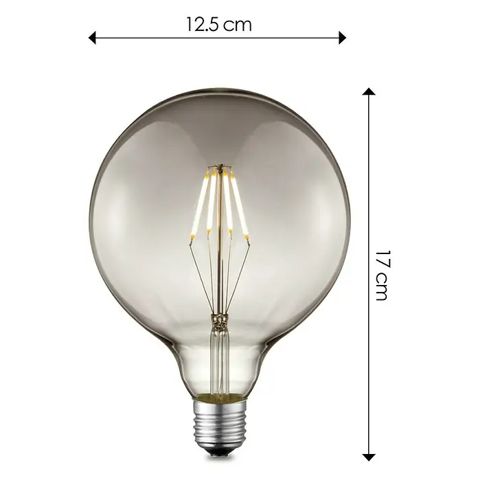 Home Sweet Home LED-Lampe Vintage Globe-Form E27 - E27, Dimmbar, Warmweiß, 120 lm, 4 W - Nahaufnahme einer dekorativen Glühbirne mit sichtbaren Filamenten und Größenangaben (12.5 cm Breite, 17 cm Höhe).