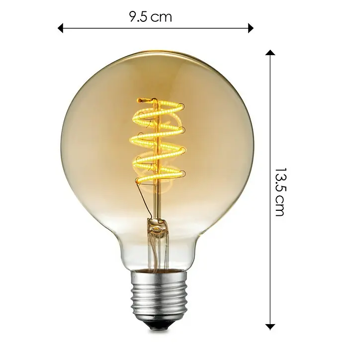 Home Sweet Home LED-Lampe Vintage Globe-Form E27 - E27, Dimmbar, Warmweiß, 280 lm, 4 W, Farbe: Gold - Nahaufnahme einer dekorativen Edison-Glühbirne mit warmem Licht und spiralförmigem Glühfaden, Maße sind angegeben.