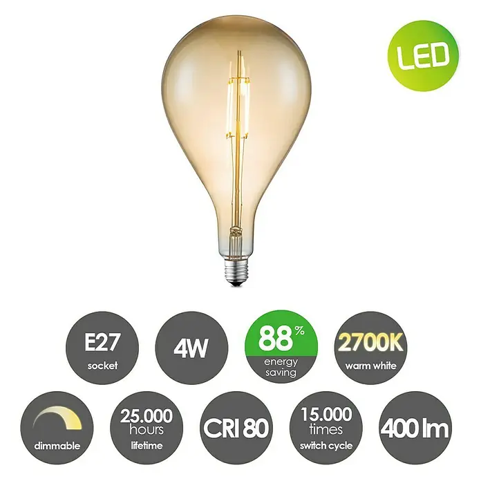 Home Sweet Home LED-Lampe Edison - E27, Dimmbar, Warmweiß, 400 lm, 4 W, Birne - Das Bild zeigt eine LED-Glühbirne mit E27-Sockel, 4W Leistung und 2700K warmweißem Licht, die 88% Energie spart.