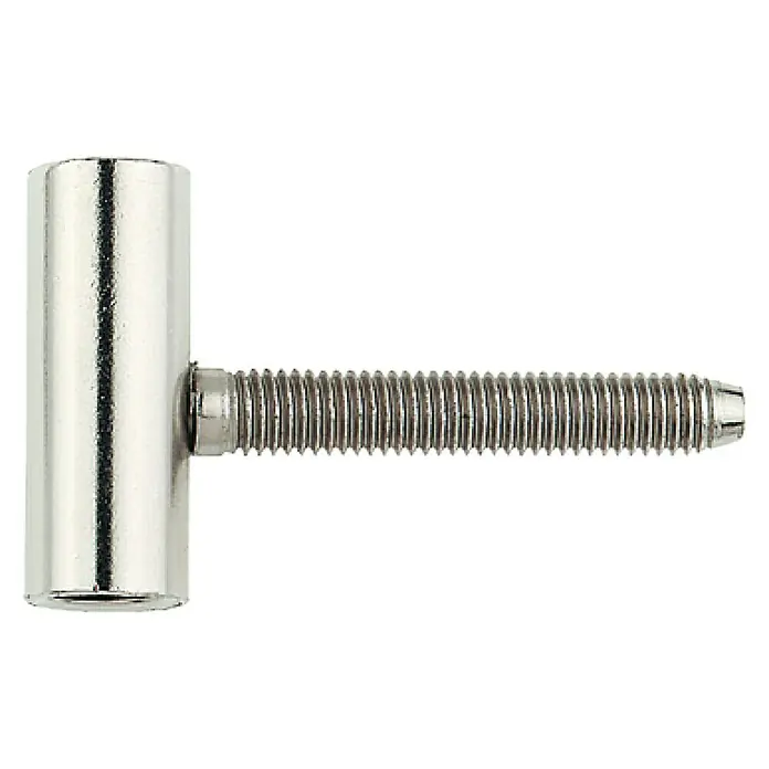 Suki Gozne de puerta Anuba - Diámetro rodillo: 15 mm, Acero, 1 ud. - Primer plano de un eje de bisagra de puerta brillante de color plateado con rosca, ideal para reparaciones o nuevas construcciones.