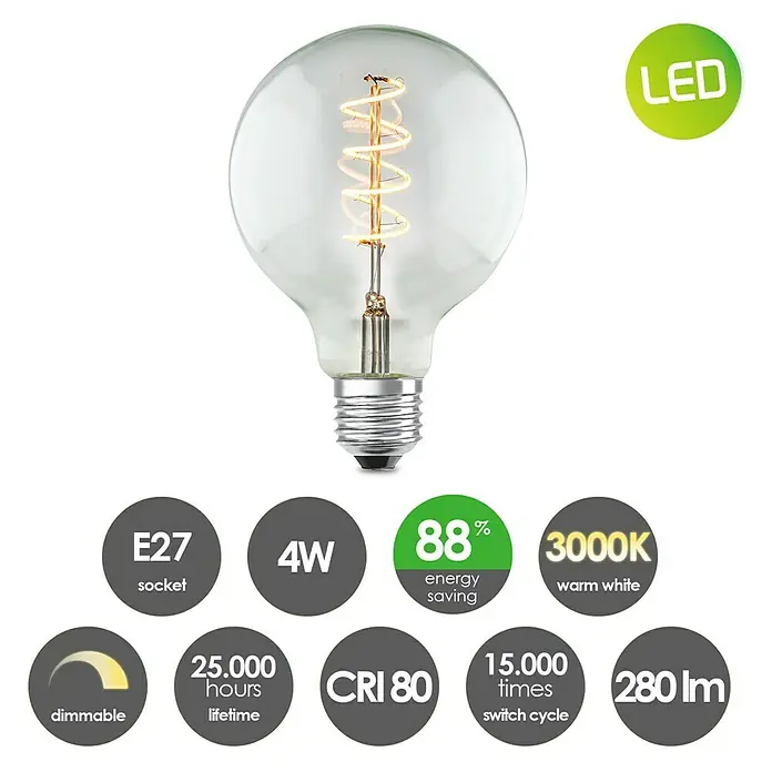 Home Sweet Home LED-Lampe Vintage Globe-Form E27 - E27, Dimmbar, Neutralweiß, 280 lm, 4 W, Farbe: Klar - Ein klares LED-Filament Leuchtmittel mit E27-Sockel, 4W Leistung und 280 Lumen für warmweißes Licht. Energieeffizient mit langer Lebensdauer.