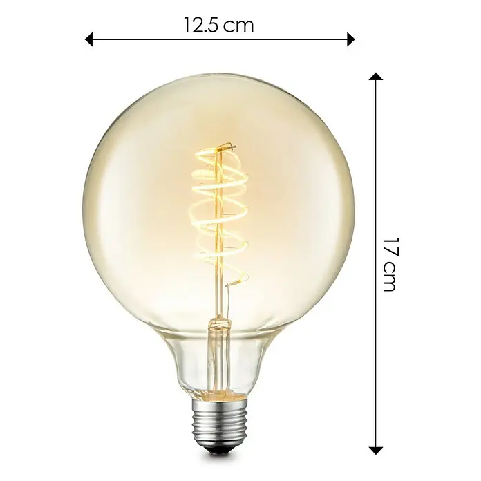 Home Sweet Home LED-Lampe Vintage Globe-Form E27 - E27, Dimmbar, Warmweiß, 140 lm, 4 W, Globe - Abbildung einer dekorativen Edison-Glühbirne mit warmem Licht und Größenangaben.