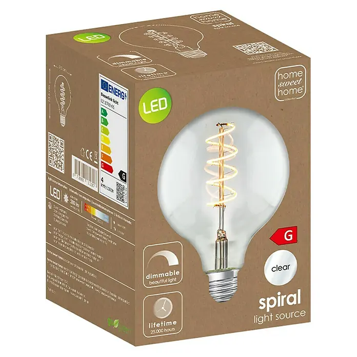 Home Sweet Home LED-Lampe Vintage Globe-Form E27 - E27, Dimmbar, Neutralweiß, 280 lm, 4 W, Farbe: Klar - Eine LED-Glühbirne in Spiralform von Home Sweet Home, verpackt in einem Karton. Sie ist klar und dimmbar mit einer Lebensdauer von 25.000 Stunden.