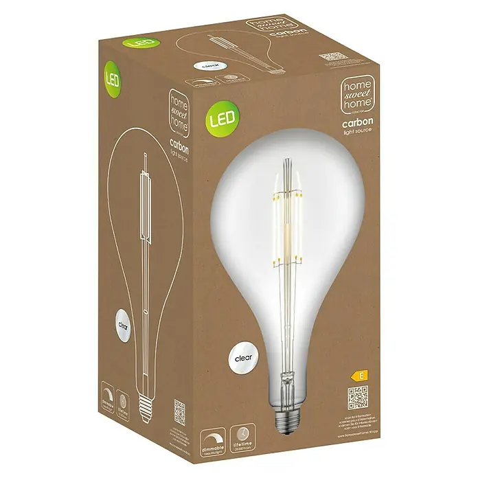 LED-Lampe Vintage Globe-Form E27 - E27, Dimmbar, Neutralweiß, 400 lm, 4 W - Nahaufnahme der Verpackung einer "Home Sweet Home" LED-Glühbirne, die ihr klares Design und ihre Energieeffizienz hervorhebt.