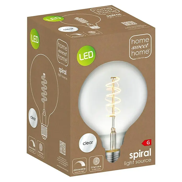 Home Sweet Home LED-Lampe Vintage Globe-Form E27 - E27, Dimmbar, Neutralweiß, 160 lm, 4 W - Kartonverpackung einer LED-Glühbirne mit spiralförmigem Leuchtdraht, die ein warmes und einladendes Licht für Ihr Zuhause erzeugt.