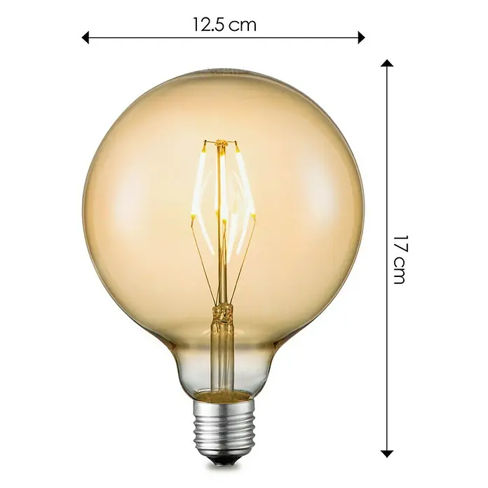 Home Sweet Home LED-Lampe Globe-Form E27 - E27, Dimmbar, Warmweiß, 400 lm, 4 W, Durchmesser: 12,5 cm - Ein Nahaufnahme einer dekorativen Vintage-Glühbirne mit warmem Licht und sichtbaren Glühfäden.