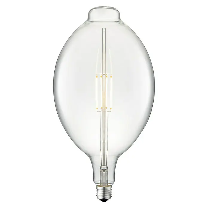 Home Sweet Home LED-Lampe Vintage Globe-Form E27 - E27, Dimmbar, Neutralweiß, 400 lm, 4 W - Nahaufnahme einer klaren Glühbirne mit LED-Filamenten, die ein warmes, einladendes Licht ausstrahlen.