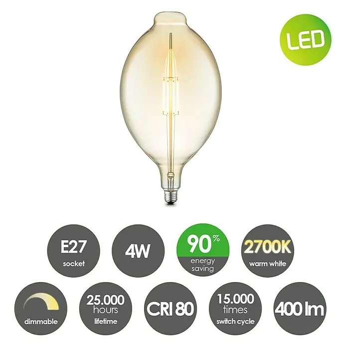 Home Sweet Home LED-Lampe Edison - E27, Dimmbar, Warmweiß, 400 lm, 4 W, Sonstige - Nahaufnahme einer LED-Glühbirne, die energieeffizient und dimmbar ist. Sie hat eine Lebensdauer von 25.000 Stunden und einen E27-Sockel.