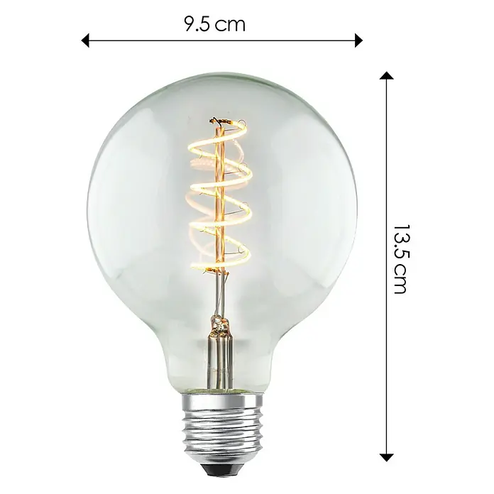 Home Sweet Home LED-Lampe Vintage Globe-Form E27 - E27, Dimmbar, Neutralweiß, 280 lm, 4 W, Farbe: Klar - Abbildung einer klaren Edison-Glühbirne mit spiralförmigem Filament und Maßangaben.