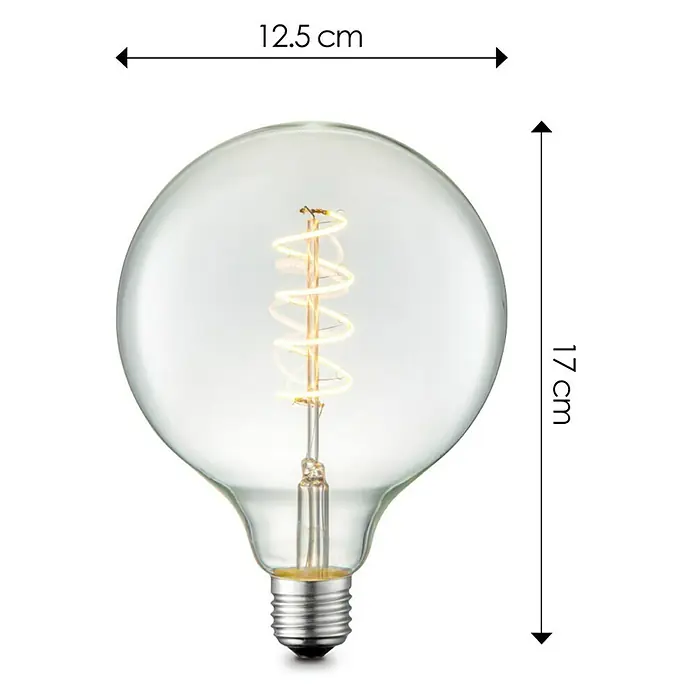 Home Sweet Home LED-Lampe Vintage Globe-Form E27 - E27, Dimmbar, Neutralweiß, 160 lm, 4 W - Abbildung einer klaren Edison-Glühbirne mit spiralförmigem Glühfaden und Größenangaben (12,5 cm Breite, 17 cm Höhe).