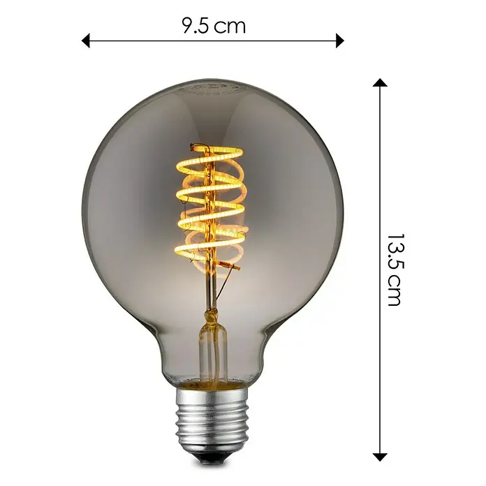 Home Sweet Home LED-Lampe Vintage Globe-Form E27 - E27, Dimmbar, Warmweiß, 140 lm, 4 W, Farbe: Smoky - Abbildung einer grauen dekorativen Glühbirne mit Wendel-Filament und Größenangaben.