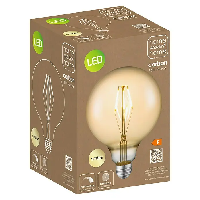 Home Sweet Home LED-Lampe Globe-Form E27 - E27, Dimmbar, Warmweiß, 400 lm, 4 W, Durchmesser: 12,5 cm - Nahaufnahme einer Verpackung einer Home Sweet Home Carbon LED-Glühbirne, die eine bernsteinfarbene Beleuchtung verspricht.