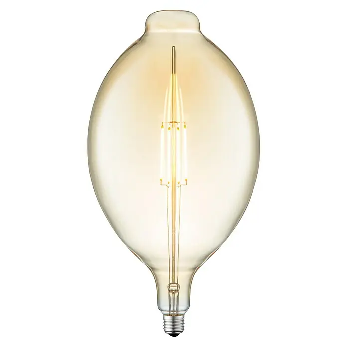 Home Sweet Home LED-Lampe Edison - E27, Dimmbar, Warmweiß, 400 lm, 4 W, Sonstige - Nahaufnahme einer stilvollen bernsteinfarbenen LED-Glühbirne mit sichtbaren Glühfäden, die ein warmes, einladendes Licht ausstrahlt und Akzente setzt.