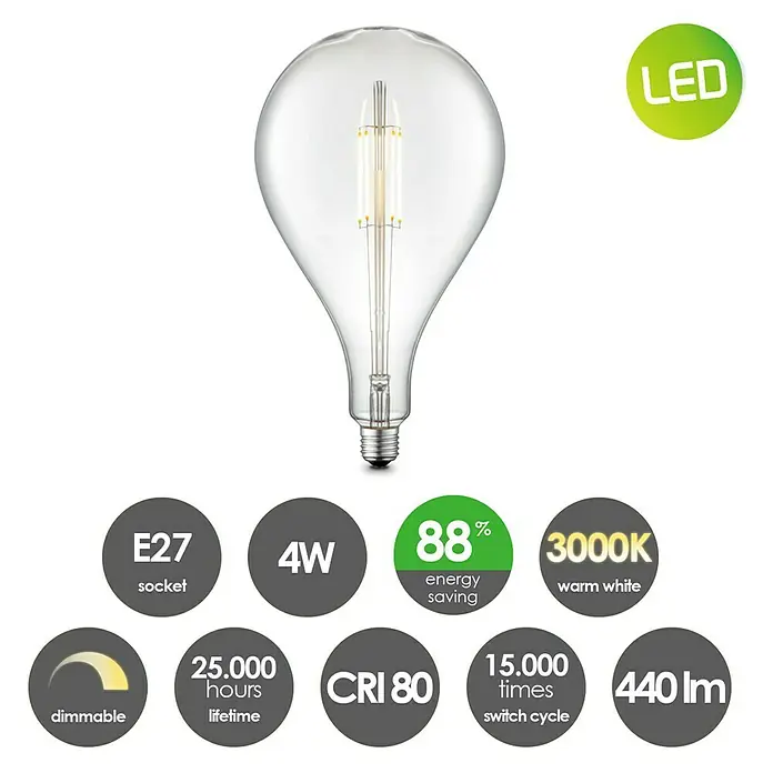 LED-Lampe Vintage Globe-Form E27 - E27, Dimmbar, Neutralweiß, 400 lm, 4 W - Produktbild einer E27 LED Lampe mit 4W Leistung, 3000K warmweißem Licht, 440lm Helligkeit und einer Lebensdauer von 25.000 Stunden.