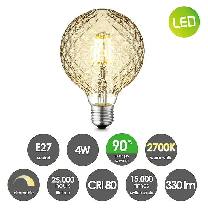 Home Sweet Home LED-Lampe Vintage Globe-Form E27 - E27, Dimmbar, Warmweiß, 380 lm, 4 W - Produktbild einer LED-Lampe mit E27-Sockel, 4W Leistung, 90% Energieeinsparung, 2700K warmweiß, dimmbar und 25.000 Stunden Lebensdauer.
