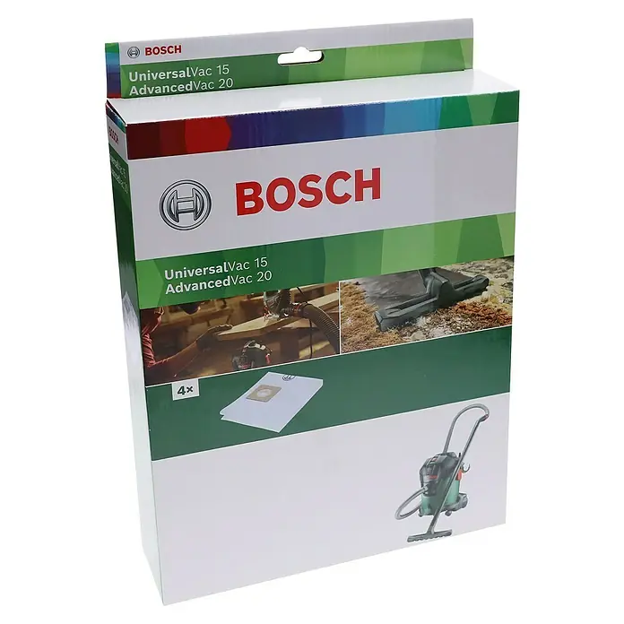 Bosch Vliesfiltertüten - 4 Stk., Passend für: Bosch Nass-Trockensauger UniversalVac 15/AdvancedVac 20 - Bild eines Pakets mit Bosch UniversalVac 15/AdvancedVac 20 Staubsaugerbeuteln, ideal für Werkstatt und Haushalt.
