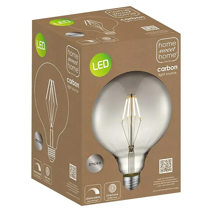 Home Sweet Home LED-Lampe Vintage Globe-Form E27 - E27, Dimmbar, Warmweiß, 120 lm, 4 W - Nahaufnahme einer Home Sweet Home Carbon LED-Glühbirne in Rauchglas-Optik, die ein warmes, dimmbares Licht mit langer Lebensdauer verspricht.