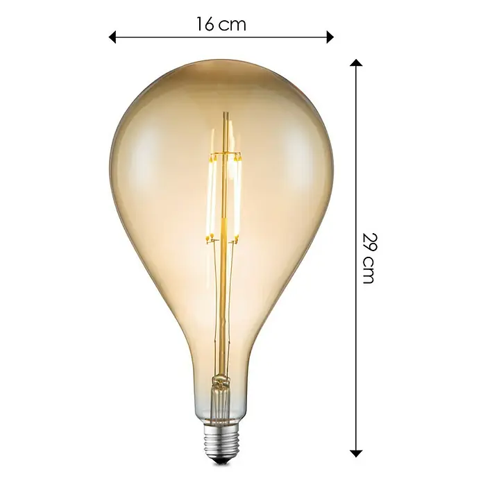 Home Sweet Home LED-Lampe Edison - E27, Dimmbar, Warmweiß, 400 lm, 4 W, Birne - Eine bernsteinfarbene dekorative Edison-Glühbirne mit Filamenten und Größenangaben (16 cm breit, 29 cm hoch).