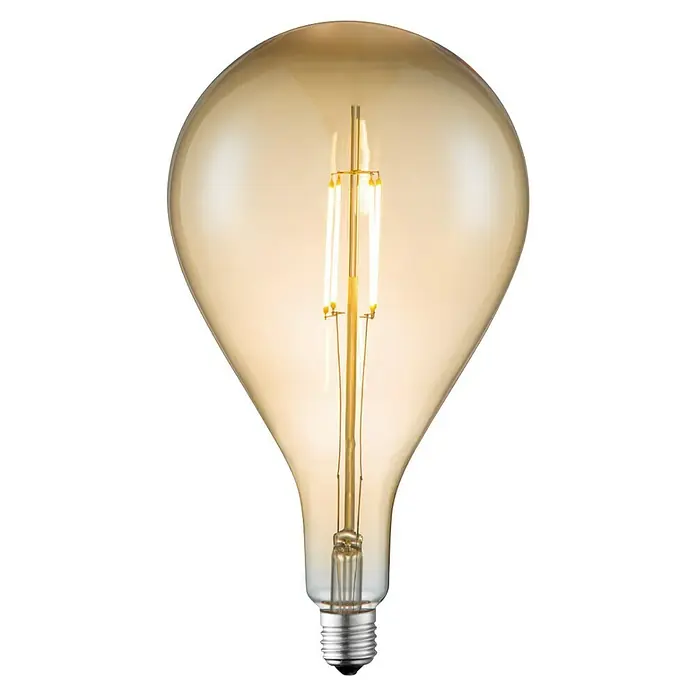 Home Sweet Home LED-Lampe Edison - E27, Dimmbar, Warmweiß, 400 lm, 4 W, Birne - Nahaufnahme einer dekorativen Vintage-Glühbirne mit warmem Licht und Edison-Glühfaden auf schwarzem Hintergrund.