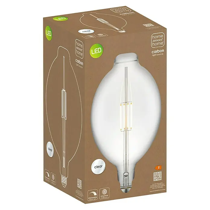 Home Sweet Home LED-Lampe Vintage Globe-Form E27 - E27, Dimmbar, Neutralweiß, 400 lm, 4 W - Eine LED-Lampe der Marke "Home Sweet Home Carbon", verpackt in einem Karton mit Aufdrucken zu den Produkteigenschaften.