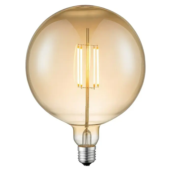 Home Sweet Home LED-Lampe Globe-Form E27 - E27, Dimmbar, Warmweiß, 400 lm, 4 W, Durchmesser: 18 cm - Nahaufnahme einer großen, runden Edison-Glühbirne mit dekorativen Filamenten, die warmes Licht ausstrahlt.