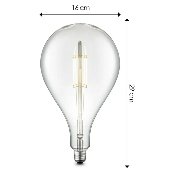LED-Lampe Vintage Globe-Form E27 - E27, Dimmbar, Neutralweiß, 400 lm, 4 W - Abbildung einer dekorativen Glühbirne mit den Maßen 16 cm Breite und 29 cm Höhe, ideal für stimmungsvolle Beleuchtung.