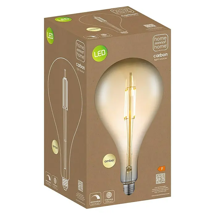 Home Sweet Home LED-Lampe Edison - E27, Dimmbar, Warmweiß, 400 lm, 4 W, Birne - Karton einer Home Sweet Home Carbon LED-Glühbirne in Amber-Farbe, die ein warmes Licht ausstrahlt und dimmbar ist.