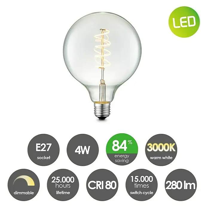 Home Sweet Home LED-Lampe Vintage Globe-Form E27 - E27, Dimmbar, Neutralweiß, 160 lm, 4 W - LED-Lampe mit E27-Sockel, 4W Leistung, 3000K warmweißem Licht, dimmbar, 25.000 Stunden Lebensdauer und 84% Energieeinsparung.