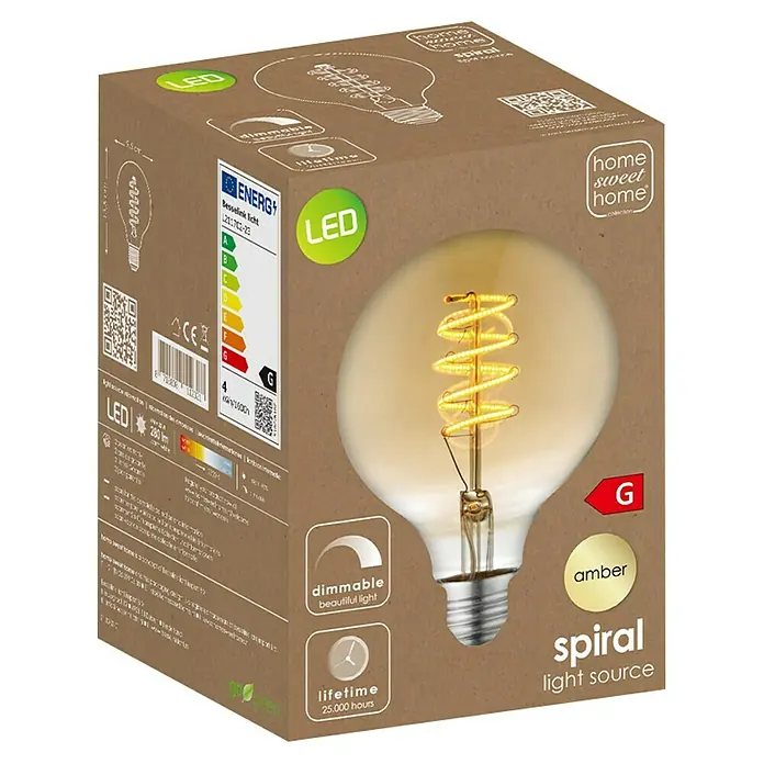 Home Sweet Home LED-Lampe Vintage Globe-Form E27 - E27, Dimmbar, Warmweiß, 280 lm, 4 W, Farbe: Gold - Verpackung einer LED-Glühbirne "Spiral Light Source" mit warmem, bernsteinfarbenem Licht für eine gemütliche Atmosphäre.