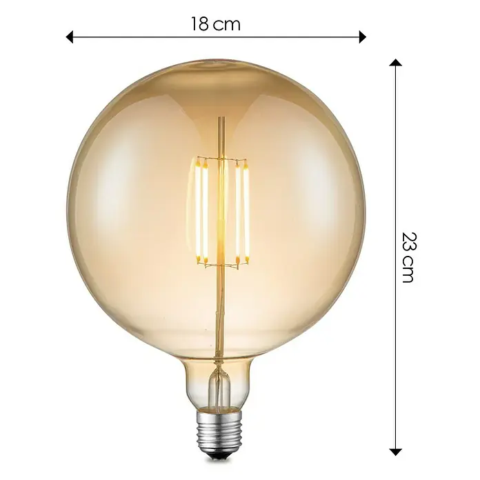 Home Sweet Home LED-Lampe Globe-Form E27 - E27, Dimmbar, Warmweiß, 400 lm, 4 W, Durchmesser: 18 cm - Abbildung einer dekorativen Glühbirne mit LED-Filamenten in einem bernsteinfarbenen Glasgehäuse. Größenangaben sind mit 18 cm Breite und 23 cm Höhe angegeben.