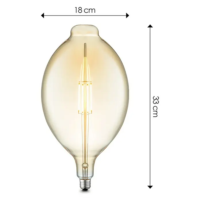 Home Sweet Home LED-Lampe Edison - E27, Dimmbar, Warmweiß, 400 lm, 4 W, Sonstige - Abbildung einer länglichen Vintage-Glühbirne mit den Maßen 18 cm breit und 33 cm hoch.