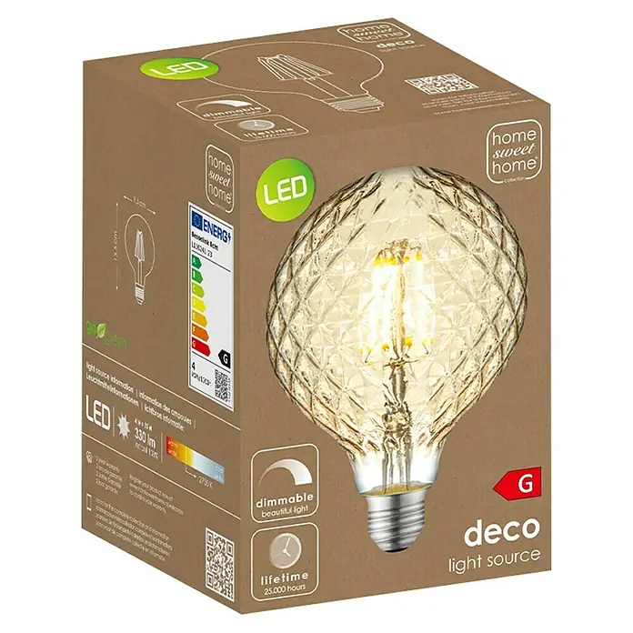 Home Sweet Home LED-Lampe Vintage Globe-Form E27 - E27, Dimmbar, Warmweiß, 380 lm, 4 W - Bild einer "Deco Light Source" LED-Glühbirne in einer "Home Sweet Home"-Verpackung, die ihre Dimmbarkeit und lange Lebensdauer hervorhebt.