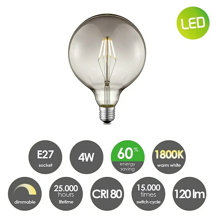 Home Sweet Home LED-Lampe Vintage Globe-Form E27 - E27, Dimmbar, Warmweiß, 120 lm, 4 W - Ein sparsames 4W E27 LED Leuchtmittel, das 60% Energie spart und mit 1800K warmweißes Licht bietet. Die Lebensdauer beträgt 25.000 Stunden.