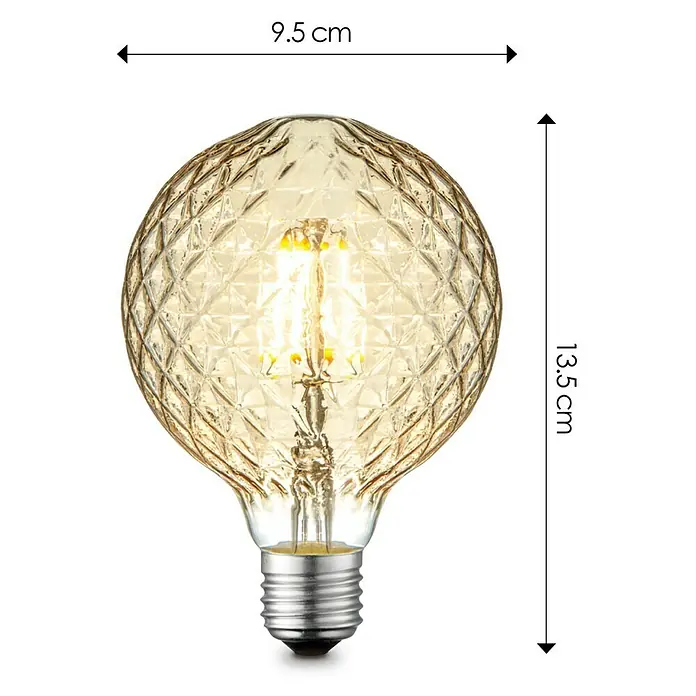 Home Sweet Home LED-Lampe Vintage Globe-Form E27 - E27, Dimmbar, Warmweiß, 380 lm, 4 W - Dekorative Glühbirne mit einem komplexen Diamantenmuster. Die Glühbirne hat eine warm leuchtende Farbe und klare Maßangaben für die Größe.