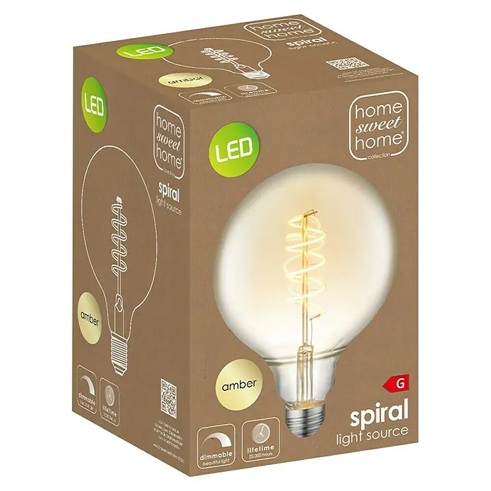 Home Sweet Home LED-Lampe Vintage Globe-Form E27 - E27, Dimmbar, Warmweiß, 140 lm, 4 W, Globe - Nahaufnahme einer Verpackung für eine "Home Sweet Home"-Glühbirne mit LED-Spiralglühfaden, die warmes, bernsteinfarbenes Licht ausstrahlt.