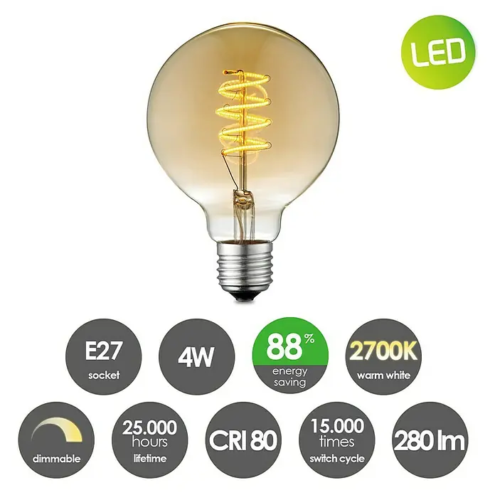Home Sweet Home LED-Lampe Vintage Globe-Form E27 - E27, Dimmbar, Warmweiß, 280 lm, 4 W, Farbe: Gold - LED-Lampe mit E27-Sockel, 4W Leistung, 2700K warmweißes Licht, 25.000 Stunden Lebensdauer und 88% Energieeinsparung.