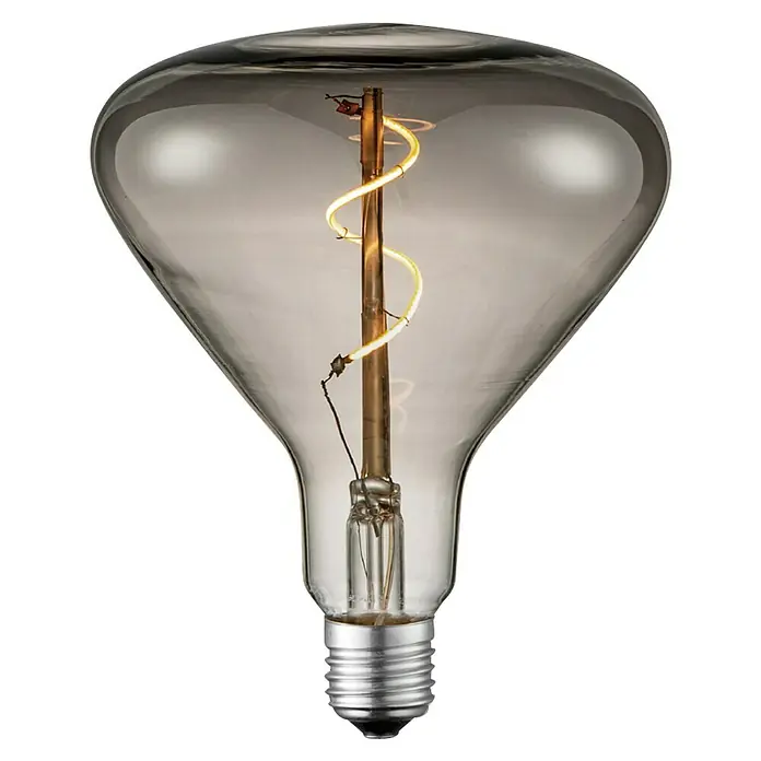 Home Sweet Home LED-Lampe Vintage Globe-Form E27 - E27, Dimmbar, Warmweiß, 20 lm, 3 W, Farbe: Smoky - Nahaufnahme einer stilvollen Glühbirne mit spiralförmigem Glühfaden, die warmes Licht ausstrahlt und eine moderne Ästhetik bietet.