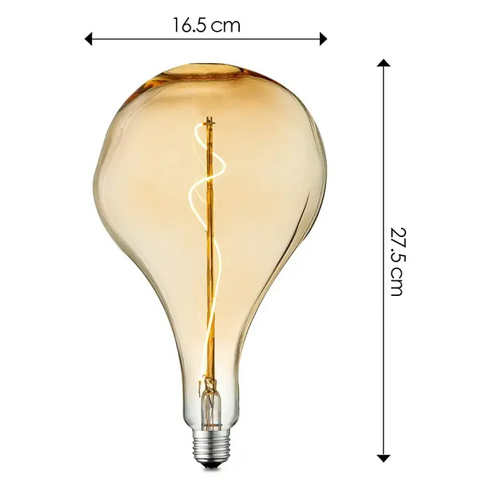 Home Sweet Home LED-Lampe Vintage Globe-Form Flex E27 - E27, Dimmbar, Warmweiß, 140 lm, 4 W, Farbe: Gold - Produktansicht einer bernsteinfarbenen LED-Filament-Glühbirne in Tropfenform mit den Maßen 16,5 cm Breite und 27,5 cm Höhe.