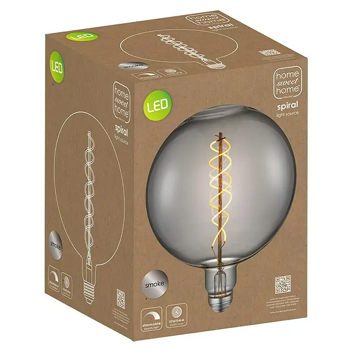 Home Sweet Home LED-Lampe Vintage Globe-Form E27 - E27, Dimmbar, Warmweiß, 20 lm, 6 W, Farbe: Smoky - Kartonverpackung einer "Home Sweet Home" LED-Glühbirne mit Spiralfilament und "Smoke"-Design.