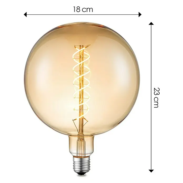 Home Sweet Home LED-Lampe Vintage Globe-Form E27 - E27, Dimmbar, Warmweiß, 220 lm, 6 W, Farbe: Gold - Nahaufnahme einer Edison-Glühbirne mit warmem Licht, die 18 cm breit und 23 cm hoch ist und ein gemütliches Ambiente erzeugt.